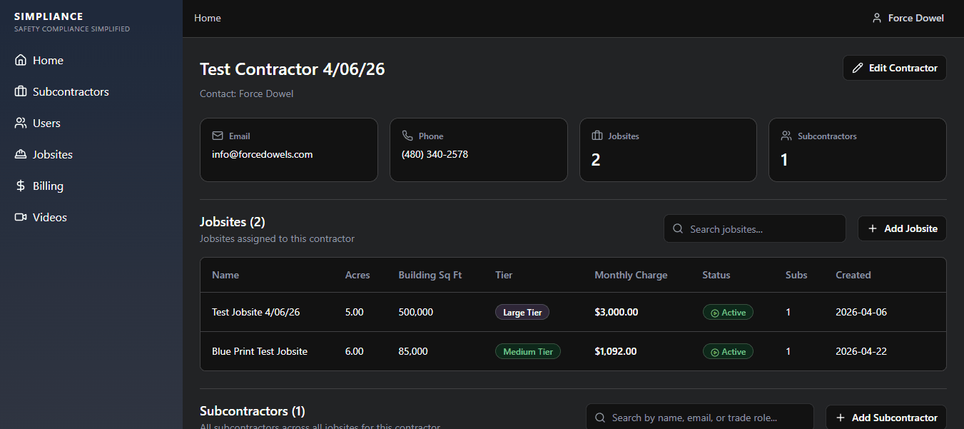 Simpliance Dashboard showing contractor management with jobsites and subcontractors